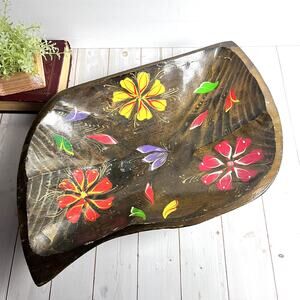 VTG Mexican Folk Art Batea Bowl Dish Hand Carved & Painted Floral Organic Shape